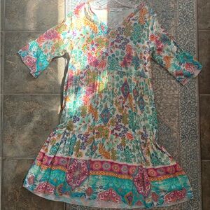 Boho Midi Flowy Summer Dress, 3/4 Flare Arms, 100% Viscose, Made in Europe, EUC